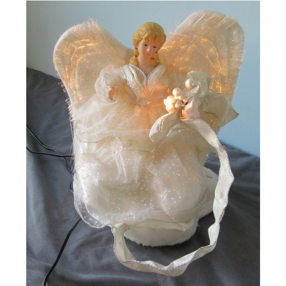 Fiberoptic Tabletop Angel 11" Tested Works White Silver Dress Multicolor Wings